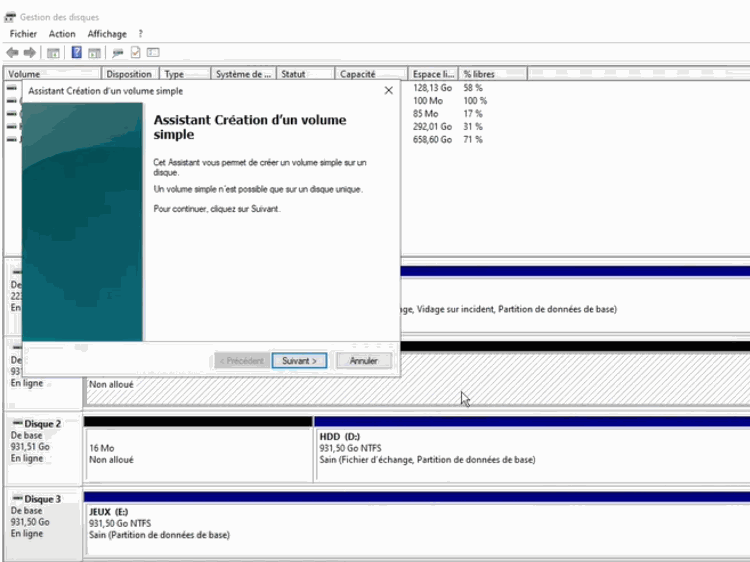 assistant création d'un volume simple